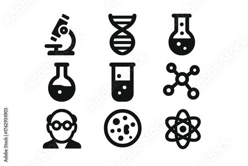 Set of 9 black science icons for education and laboratory design, showing molecular symbols, test tubes, and experimental tools.