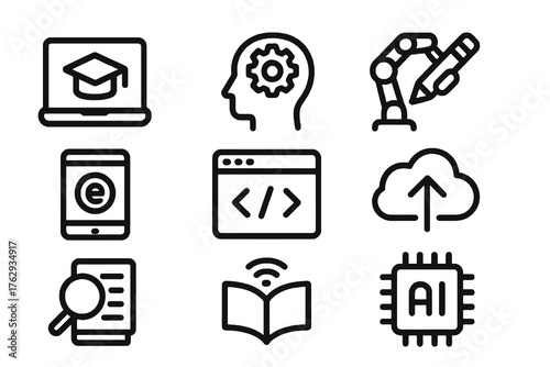 Set of 9 black flat icons showing tech learning elements such as AI chip, laptop, coding, and cloud, ideal for education and research projects.
