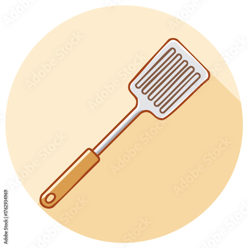 Slotted cooking spatula kitchen utensil tool with wooden handle and long shadow in flat design illustration