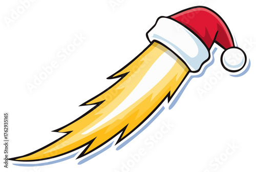 Cartoon yellow rocket with Santa hat flying quickly across the white sky background