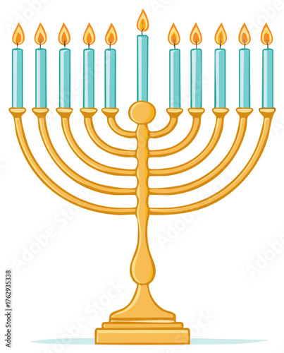 Golden Hanukkah menorah with nine burning blue candles vector illustration for the Jewish Festival of Lights