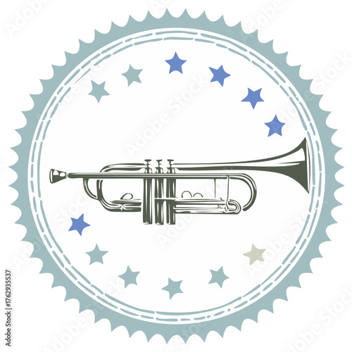 Vintage trumpet illustration in a round star emblem for a jazz band logo or music award