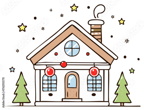 Christmas gingerbread house with ornamentals, smoke coming out the chimney and Christmas trees, holiday season illustration