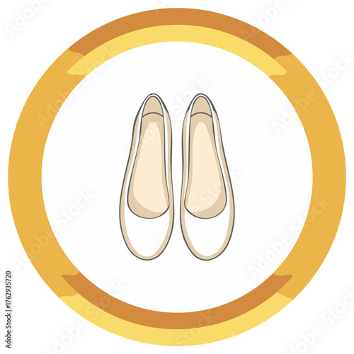 Elegant light ballet flat shoes vector illustration within a stylized golden circular frame