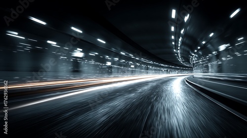 Futuristic data tunnel with glowing light streaks, dark blue gradient, depth and speed, upper blank space for corporate headline, AI technology, digital innovation and modern visualization.