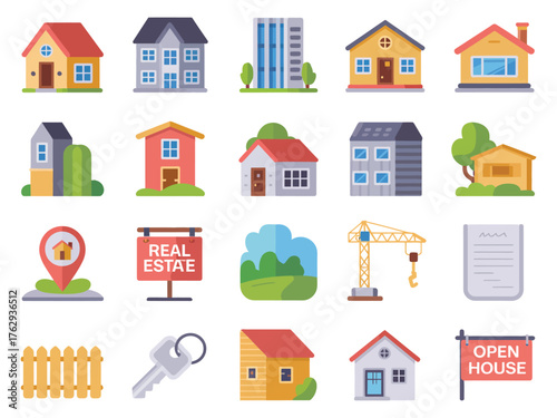 Illustration of various houses and real estate icons in a colorful, modern design.