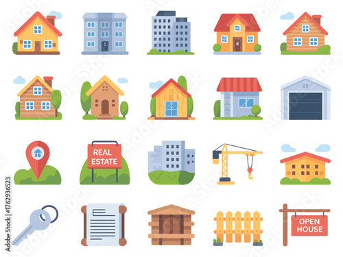 Colorful real estate icons in a flat design, depicting various types of buildings and real estate elements.