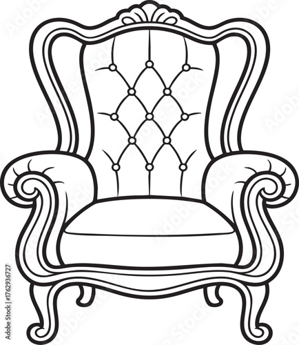 Illustration of a fancy armchair with tufted back and ornate frame in black and white outline style