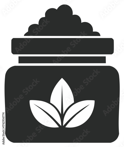 Jar of ground product with white plant design, herb or tea container silhouette