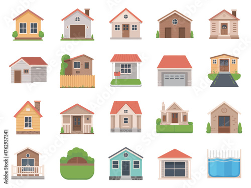 A diverse collection of colorful house illustrations, showcasing various architectural styles.