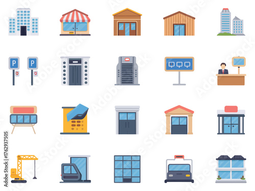 A collection of building and infrastructure icons representing various commercial establishments.