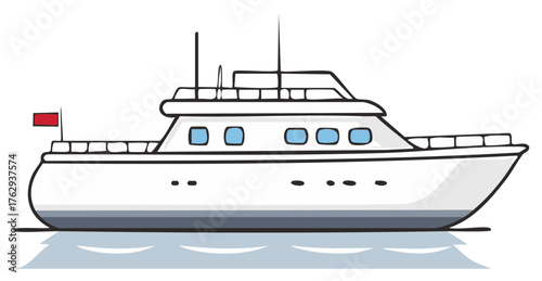 Luxury white motor yacht boat cartoon illustration on water with red flag