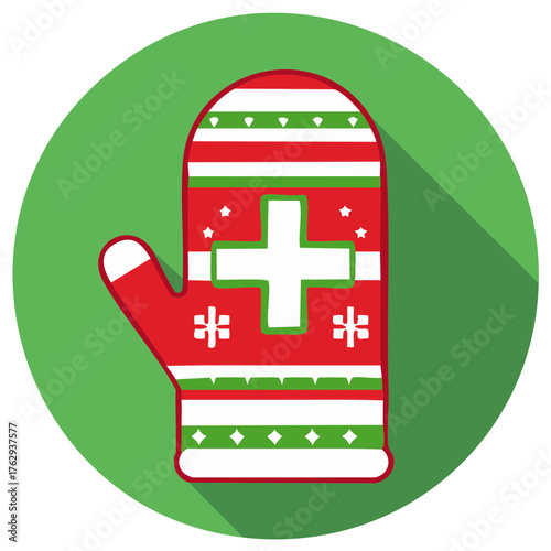 Festive mitten icon design in red and green with snowflake and star patterns