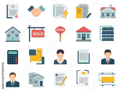 Collection of real estate icons showcasing various aspects of property transactions and agreements.