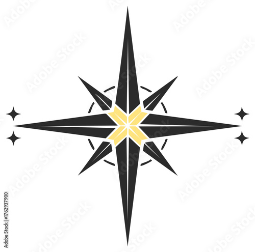 Black and Gold North Star Compass Rose with Twinkling Stars for Navigation