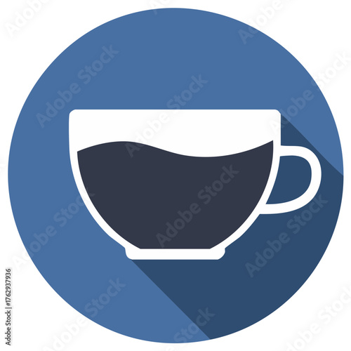 Cup of coffee icon with long shadow inside a blue circle