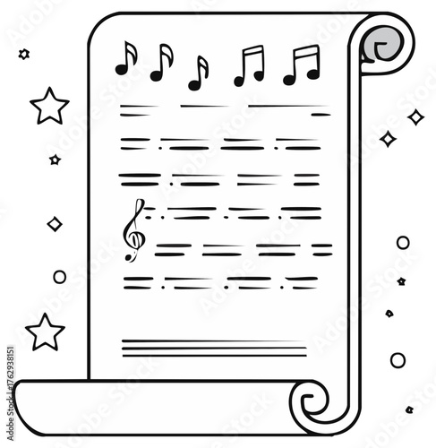 Drawn Music Sheet With Notes Treble Clef and Stars Illustration