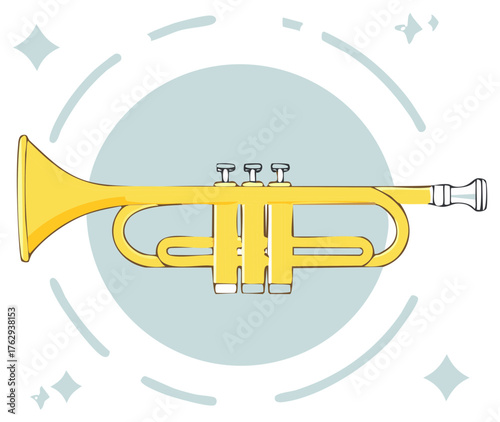 Cartoon Gold Trumpet Drawing with Stars and Circles for Celebration, Jazz and Performance