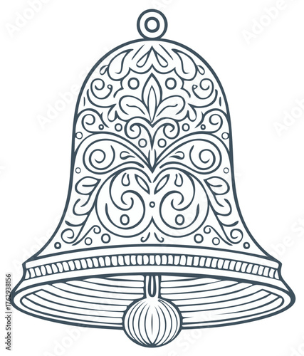 Ornate Hand Drawn Bell Illustration with Floral Ornamentation and Intricate Details
