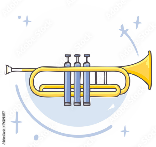 Cartoon trumpet with stars and musical notes, hand-drawn stylized artwork