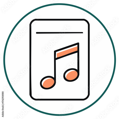 Digital music notes on a tablet screen in a circular frame