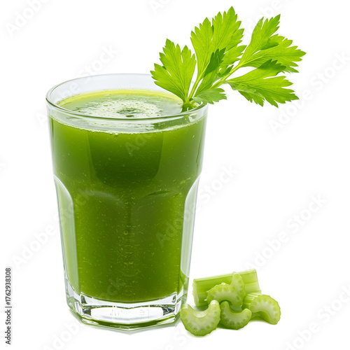 Fresh Celery Juice In Glass With Celery Stalk Isolated Realistic Photo