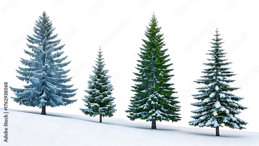 Fototapeta premium Snow covered pine trees on winter hill with white background and peaceful seasonal landscape 