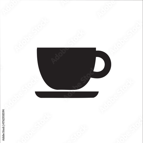 Simple black silhouette of a teacup and saucer on a white background