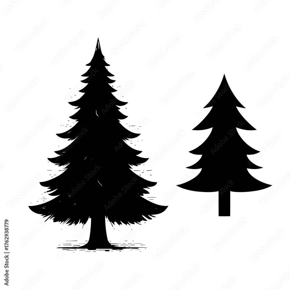 Obraz premium Vintage Retro Pine Tree Silhouette Vector Collection — Rustic Outdoor Logo & Forest Emblem Design 
