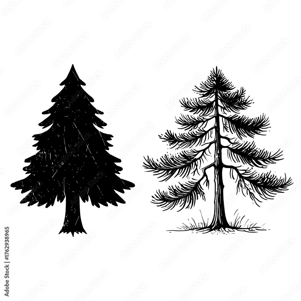 Obraz premium Vintage Retro Pine Tree Silhouette Vector Collection — Rustic Outdoor Logo & Forest Emblem Design 