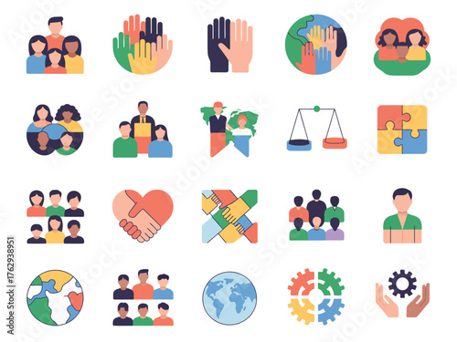 Diverse community icons representing unity, collaboration, and support among various groups.