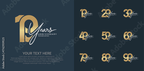 Anniversary logo set vector design, gold and silver color for celebration event