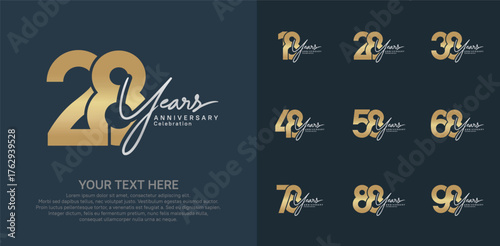 Anniversary logo set vector design, gold and silver color for celebration event