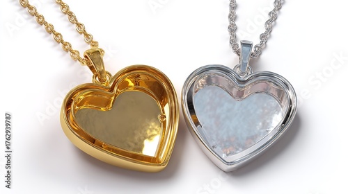 Elegant heart shaped locket necklaces in gold and silver on white background