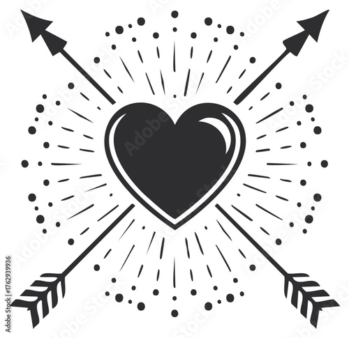 Heart pierced by arrows with sunburst shape romantic emblem for valentines love.