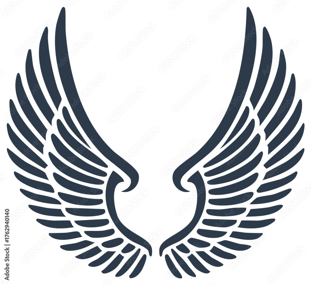 Fototapeta premium Elegant wings illustration in dark blue color, isolated on white background.