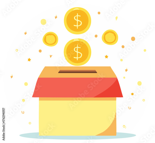 Golden dollar coins falling into a yellow and red donation box for charity