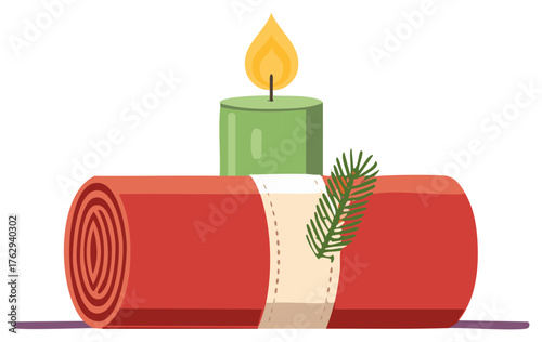 Warm holiday comfort illustration with burning green candle and rolled red textile