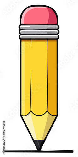 Yellow pencil with pink eraser drawing a straight line on white surface