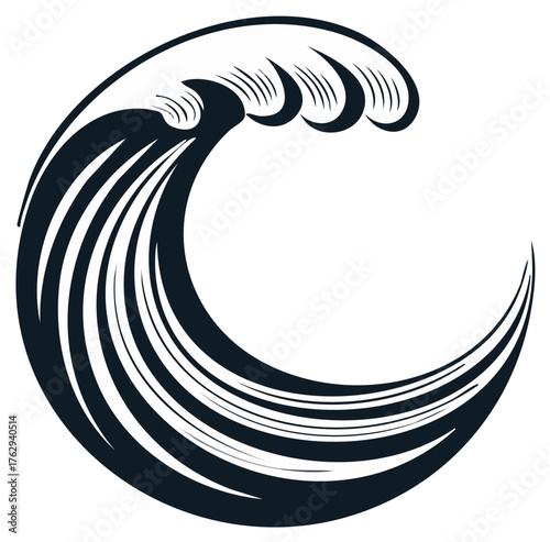 Stylized Vector Wave Illustration, Graphic Ocean Swell, Black and White Sea Symbol, Fluid Graphic