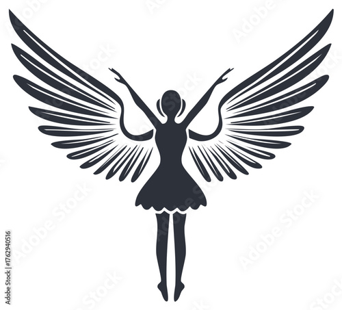 Silhouette of an angel with outstretched wings and arms