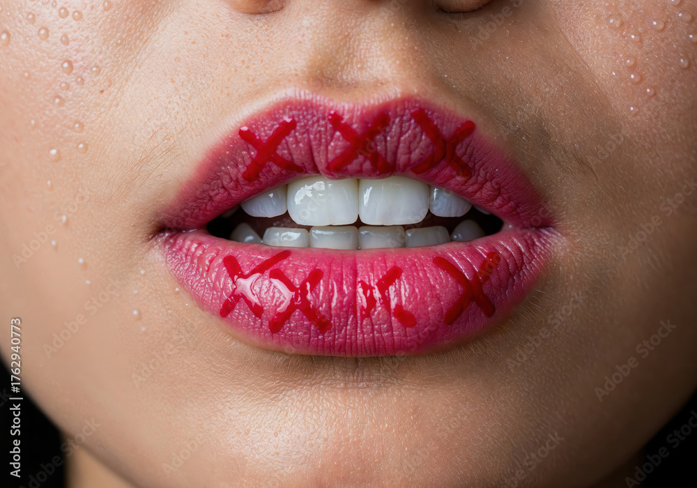 Naklejka premium Forbidden Voice: A close-up shot of lips sealed by red X marks, embodying the concept of silenced voice and suppressed expression.