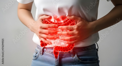 Digestive Tract Problems: Woman with Intestine Graphic