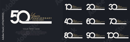 Anniversary logo set vector design, white and gold color for celebration event
