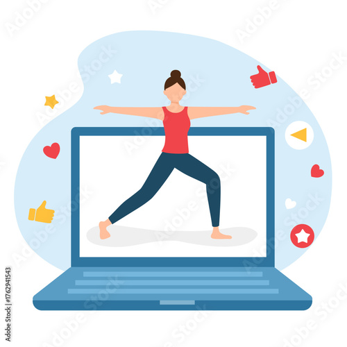 Online yoga class. Woman doing yoga on computer screen. Concept of Wellness and healthcare lifestyle.