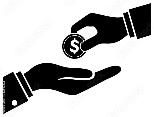 Hand giving dollar coin to another open hand icon illustration