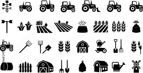 Agriculture and farming black glyph icon set featuring tractor, barn, crops, and tools for agricultural work