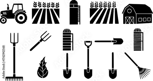 Black and white farm and agriculture flat icon set with tractor, crops, barn, and tools.