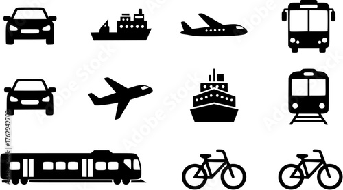 Transportation modes black glyph icon set showing car, ship, airplane, bus, train and bicycle.