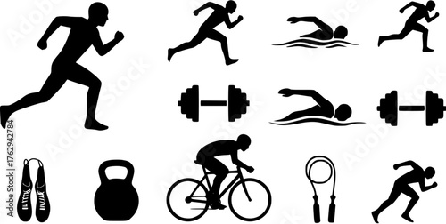 Sports and fitness black silhouette icon set, showing running, swimming, cycling, weightlifting, and jump rope activities.